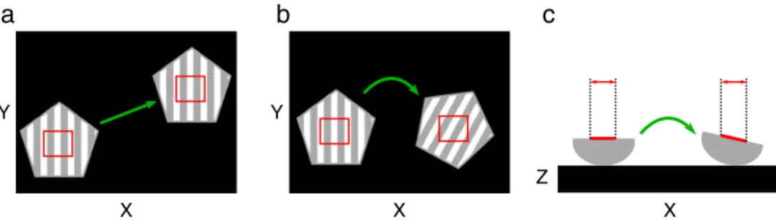 Fig. 5 Schematic drawing of translation (a), rotation (b), and tilt (c). A component of translation is included in b and c as well, for readability.