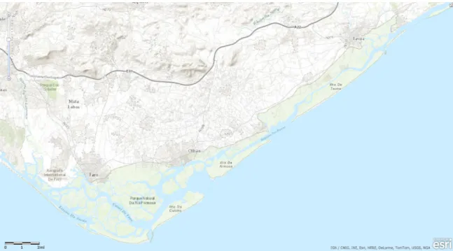 Figure 1- Ria Formosa coastal lagoon 36º56’N 8º02’W to 37º03’N 7º32’W (Source: Esri, DigitalGlobe,  GeoEye, Earthstar Geographics, CNES/Airbus DS, USDA, USGS, AEX, Getmapping, Aerogrid, IGN,  IGP, swisstopo, and the GIS User Community)