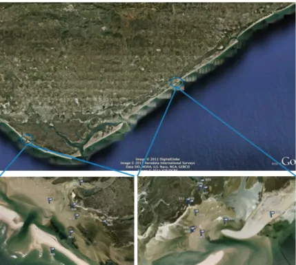 Figure  4:  Satelite  image  of  Ria  Formosa,  with  a   close-up  view  of  the  two  inlets  and  the  different  sampling  sites (Google Earth 2011)