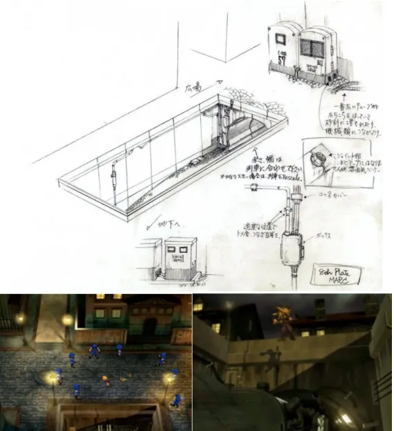 Figura 8 – Final Fantasy VII (SquareSoft, 1997) - (8.1, cima) Esquiço de um ambiente no Sector 8 da  cidade de Migdar, pelo artista Testsuya Nomura; (8.2, baixo esquerda) Representação da cena correspondente 