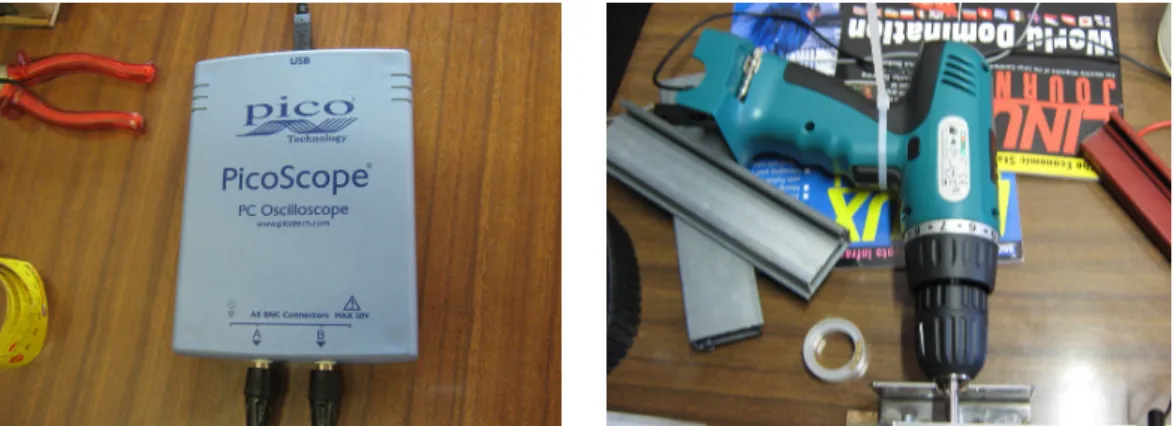 Figura 3.5: À esquerda, o osciloscópio digital (marca Picoscope PC Oscilloscope Kit, PicorTechonogy Limited).