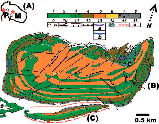 Figure 1 (a-c). 1a: the location of the Pados-Tundra (P) and Monchepluton (M) complexes in the Kola Peninsula,  northwestern Russia; 1b: geological map of the Pados-Tundra complex (slightly modiied from Mamontov &amp; Dokuchaeva,  2005)