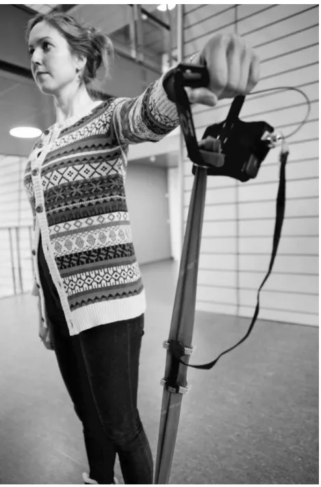 Figure 1 Shoulder abduction with the stretch-sensor attached to the elastic band.