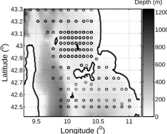 Fig. 4. Location of the CTD casts in the MREA’03 sea trial (circles) and bathy- bathy-metric-range-independent transect considered in the simulations, centered on ≈ (10.2 o , 43 o ) (longitude,latitude)