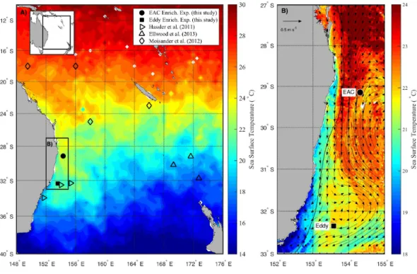 Figure 1 Study area. (A) Average sea surface temperature (SST) for October 2010 in the Tasman Sea, eastern Australia