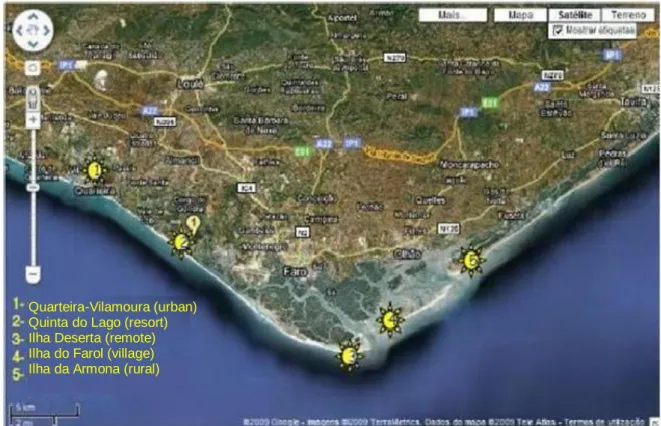 Figure 2.3 Surveyed beaches in Sotavento Algarve (source: Google maps).
