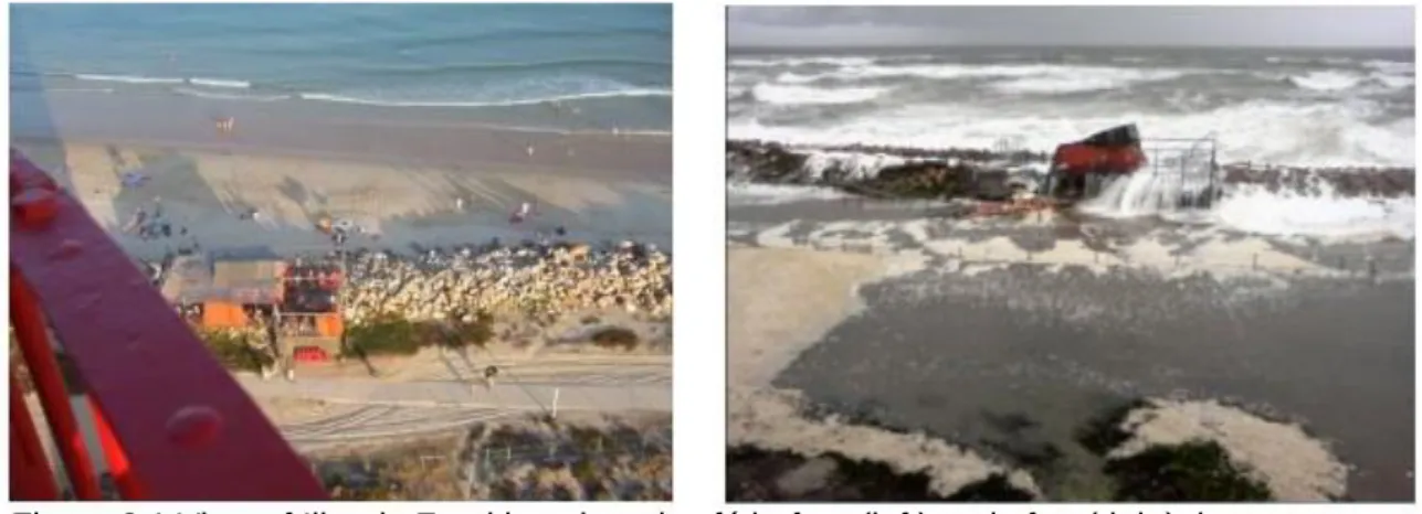 Figure 3.1 View of Ilha do Farol beach and café before (left) and after (right) the winter storm of 2010 (source: www.facebook.com («Ilha do Farol» group).