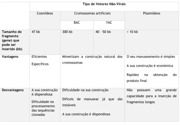 Tabela  4:  Tamanhos  de  fragmento  (gene)  que  podem  ser  inseridos  nos  vetores  não-virais  e  respetivas  vantagens e desvantagens [50] 