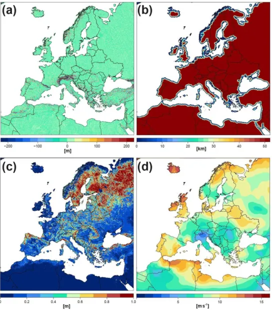 Figure 10. Predictor fields of exposure (a), coastal distance (b), roughness length (c), ERA-Interim mean scalar wind velocity in 850 hPa (d; here January 2001).