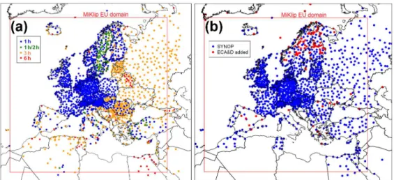 Figure 1. (a) SYNOP stations with hourly data in target DecReg EU domain for January 2010