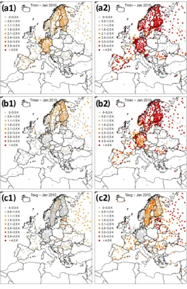 Figure 3. Differences of daily temperature data from SYNOP and ECA&amp;D for January 2010 at stations with identical coordinates.