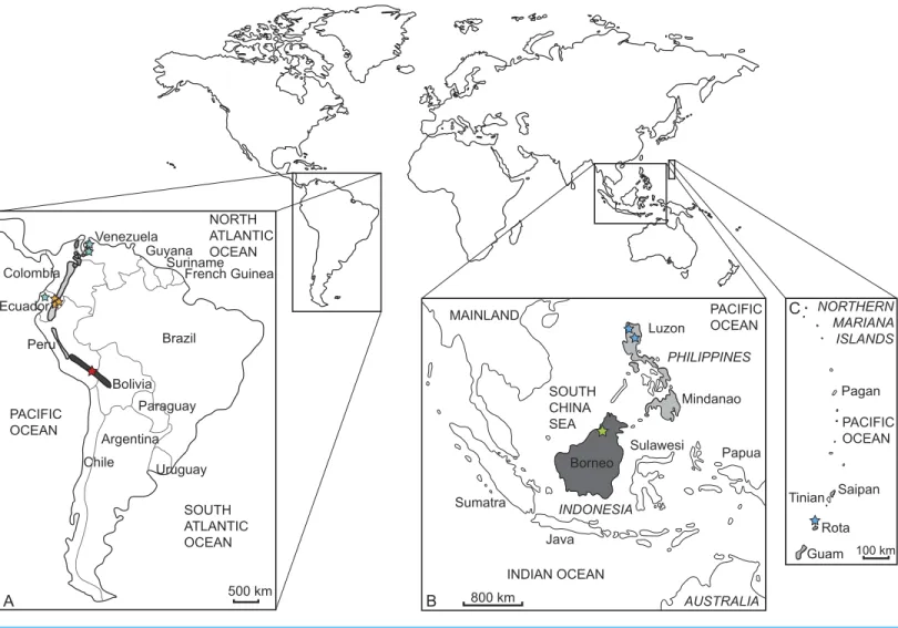Figure 2 Current distribution of the sampled species and the approximate sampling localitions of the specimens