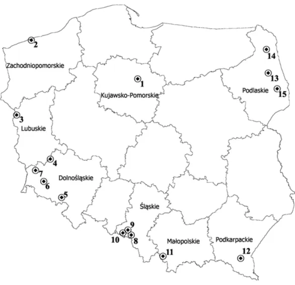 Figure 1 Map depicting the locations of the 15 populations of P. pratensis used in the study