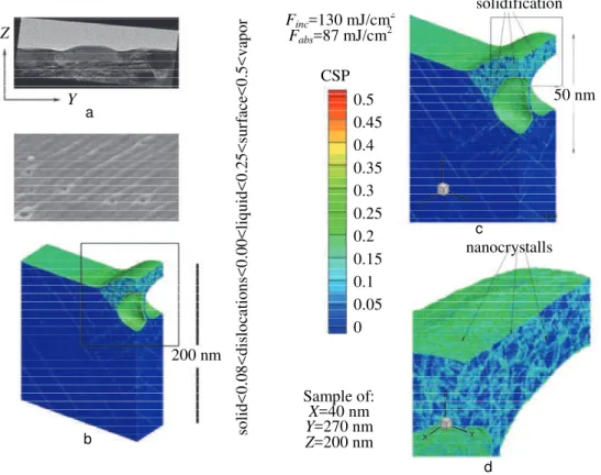 Fig. 4. SEM images of the 270 nm periodic structures (a) with the incident fluence F inc  of 130 mJ/cm 2 (corresponding to the absorbed fluence F abs  of 87 mJ/cm) are directly compared with the result of an atomistic  simulation of the nanostructuring pro