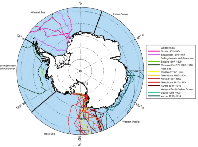 Figure 1. Map of expedition routes taken by ships used in this study. We only have coordinates for entry and departure of the pack ice for the 1901–1903 Gauss Expedition (Indian Ocean).