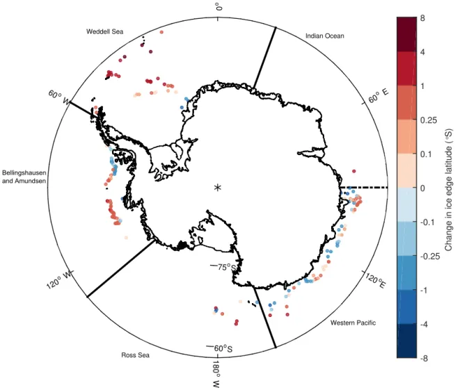 Figure 2. Anomaly between ship-observed ice edge and the 1989–2014 mean PM Bootstrap algorithm derived ice edge position for the appropriate calendar day