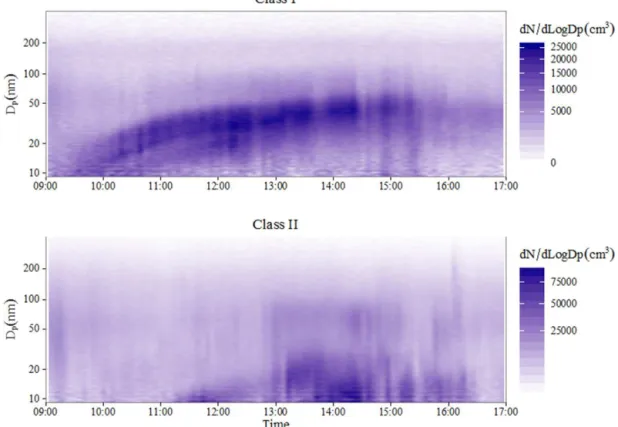 Figure 2. Examples of the observed class I and class II NPF events. D p is particle diameter and the colours of the image represent measured concentrations at each time.