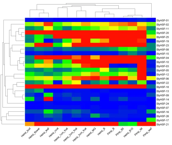 Figure 6 Heat map representation and hierarchical clustering of tomato SlyHSF genes in fourteen samples from root, leaf, bud, flower and fruits in several development stage