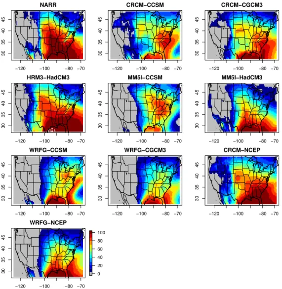 Figure 2. Images of the κ frequencies for NARR and each NARCCAP model configuration.