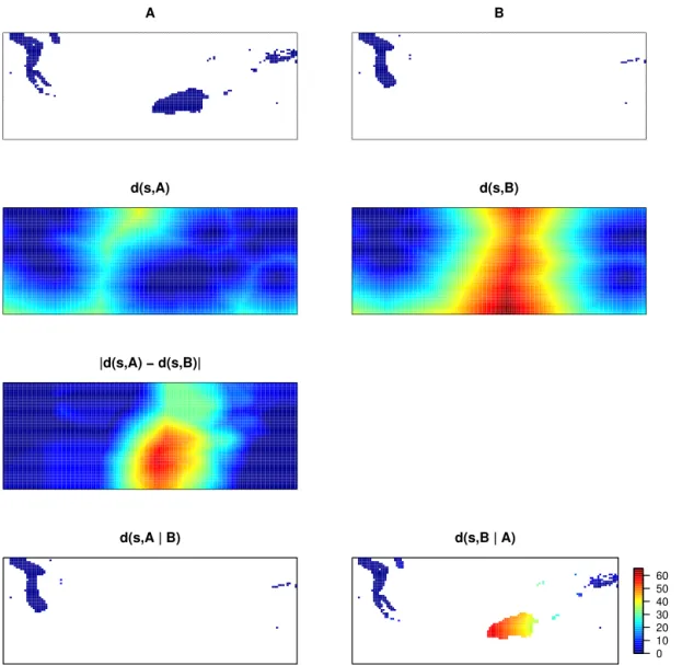 Figure 3. Top row: two binary images with dark blue showing event areas in A and B, respectively
