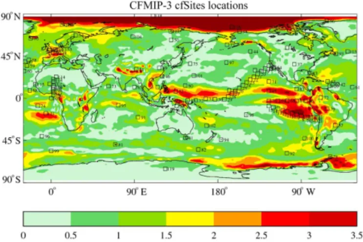 Figure 2. CFMIP-3/CMIP6 cfSites locations. The contours give an indication of inter-model spread in cloud feedback from the CFMIP-2/CMIP5 amip/amip4K experiments (please refer to Webb et al., 2015a, for details).