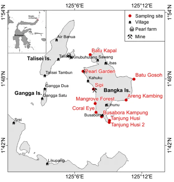 Figure 1 Sketch map of Bangka archipelago (north Sulawesi). Study sites, villages, pearl farms and mine are shown.