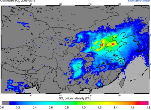 Figure 2. Average SO 2 concentrations for the period 2005 to 2015 as observed by the OMI satellite instrument