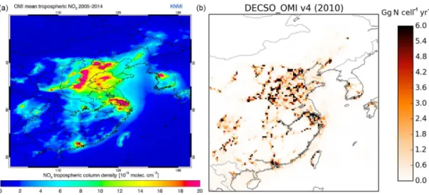 Figure 3. (a) The averaged tropospheric NO 2 concentrations over China measured by OMI in the period 2005–2014