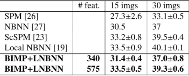 Table 4: Comparison to the state of the art on Caltech 256 using SIFT descriptors. Literature results are summarised from [19], which used 2000 features per image or more