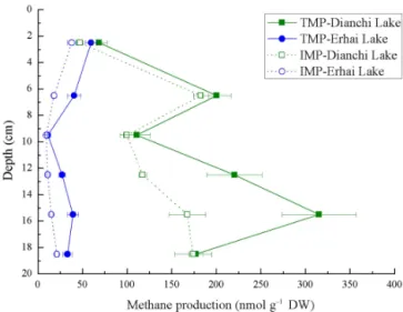 Figure 1. Uninhibited (TMP) and 2 % CH 3 F inhibited (IMP) methane production potential at different depths