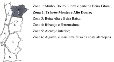 Figura 1: Mapa de Portugal com identificação das zonas caraterísticas da Arquitetura Popular em Portugal