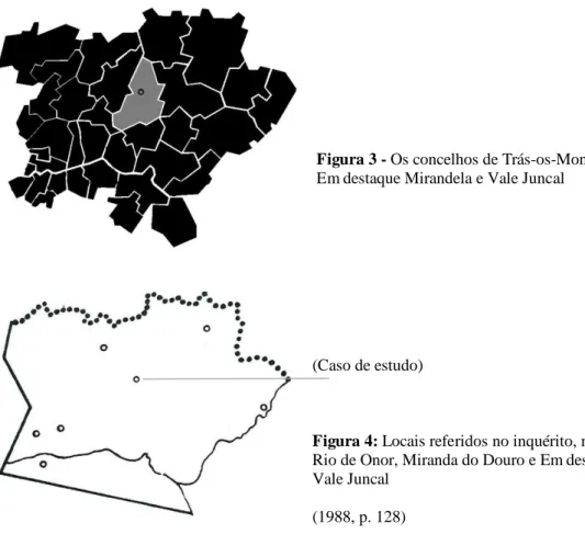 Figura 4: Locais referidos no inquérito, na zona 2. Montes,  Rio de Onor, Miranda do Douro e Em destaque Mirandela e  Vale Juncal 