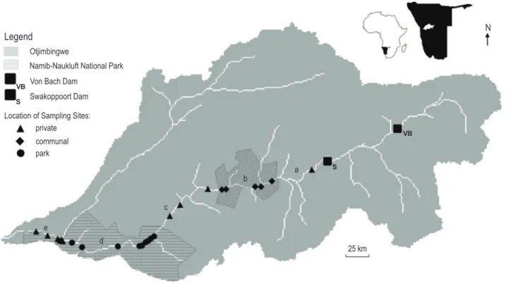 Figure 1 Maps of study area. Simplified map of the Swakop River catchment relative to its position in Namibia and Africa