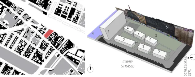 Figura 6 – (esquerda) Planta de localização do Cuvry-brache (área assinalada a vermelho); (direita) representação  esquemática da proposta: 1-residência de estudantes, 2- blocos habitacionais, 3-área verde; 4-rio Spree; 5- empenas 