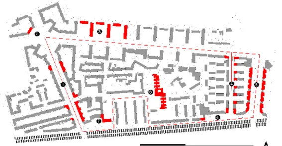 Figura 10 - Edifícios e intervenções artísticas na célula 8 do Bairro de Alvalade. 1- Baixos relevos e 