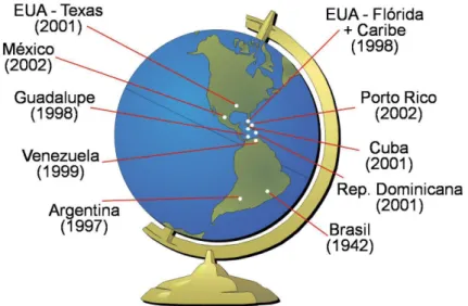 Figura 1. Registro de Diaphorina citri em diferentes países (Halbert &amp; Nuñez, 2004; Costa Lima, 1942).