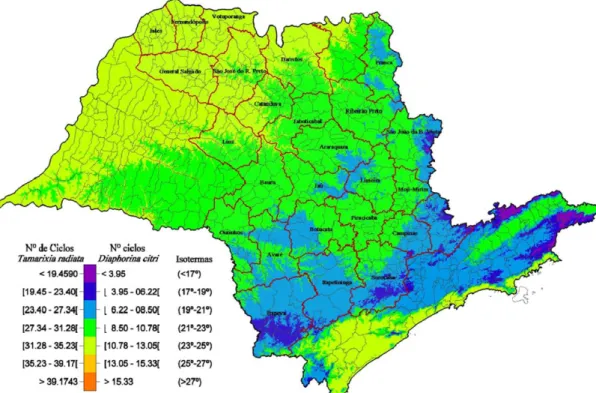Figura 7. Número de ciclos anuais de Diaphorina citri e Tamarixia radiata em São Paulo, com base em um mapa  de isotermas (Gómez Torres et al., dados não publicados).