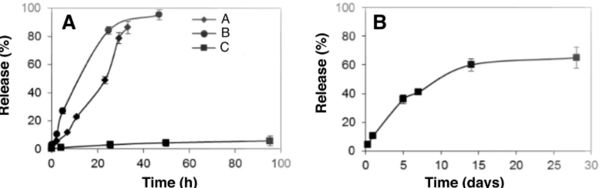 Figure 2 In vitro release profile of (A) α-chymotrypsinogen and (B) BMP7 from MS-MPs prepared by the electrochemical method