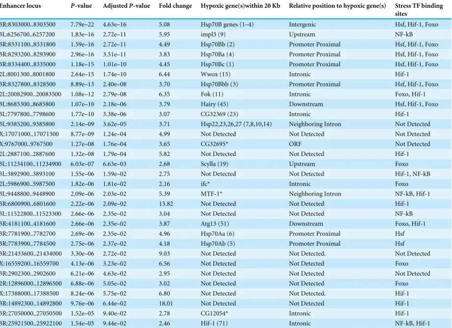 Table 1 Properties of discovered hypoxic enhancers. The 31 hypoxic enhancers identified by our genome-wide screen are shown in order of statistical significance.
