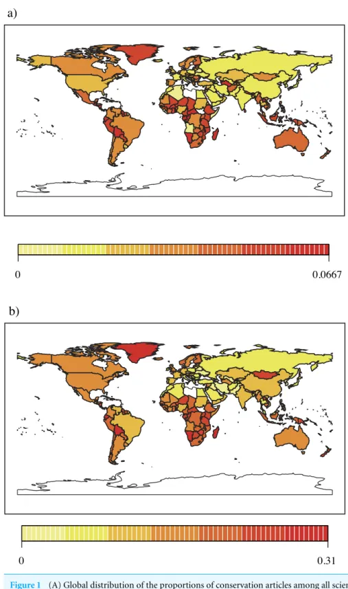 Figure 1 (A) Global distribution of the proportions of conservation articles among all scientific publi- publi-cations in various countries