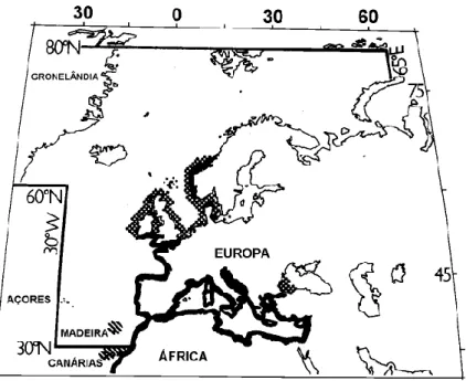 Figura 2.4 - Distribuição geográfica de Spondyliosoma cantharus no Atlântico NE e Mediterrâneo  (adaptado de Bauchot &amp; Hureau, 1986)