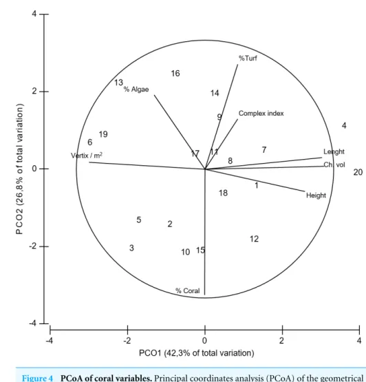 Figure 4 PCoA of coral variables. Principal coordinates analysis (PCoA) of the geometrical and struc- struc-tural complexity and biological variables estimated for Acropora cervicornis