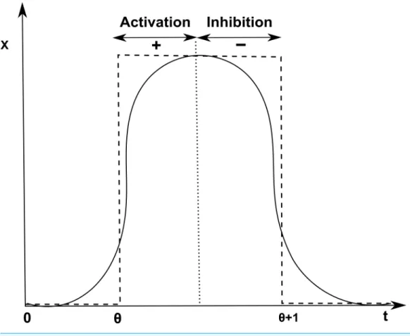 Figure 3 Activation and inhibition of x. Discretization of the sigmoid curve to represent activation (+) of gene x at threshold level θ and inhibition (−) at level θ + 1.