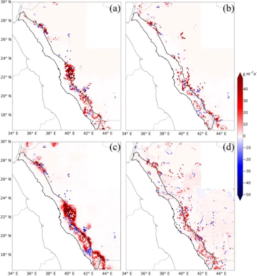 Figure 2. Differences between annual mean dust emission in model simulations (g m − 2 a − 1 ): (a) 10kmALL–10kmLLAI, (b) 10kmALL–