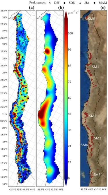 Figure 5. Average 2009–2011 (a) dust event frequency, (b) average emission intensity (µg m −2 s −1 ), and (c) yearly maximum  emis-sion rate (µg m − 2 s − 1 ) in 1kmALL experiment with SEVIRI source function