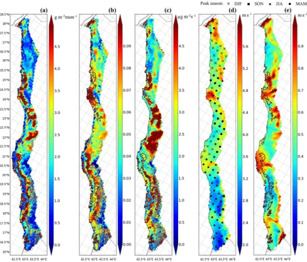 Figure 6. Standard deviations of monthly (a) total dust emission (g m −2 month −1 ), (b) dust event frequency, and (c) average emission intensity (µg m −2 s −1 ) in 1kmALL experiment with SEVIRI source function