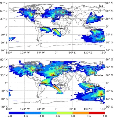 Figure 5. Monthly average residuals of modelled XCO 2 compared with TCCON ground-based FTS for methods C1, C4, C5 and C8, for (a) Darwin and (b) Garmisch.