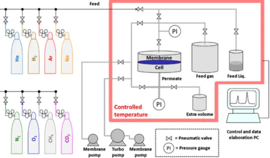 Fig. 2. Scheme of the mixed gas permeation setup in the test mode, with quadrupole gas analyser optimized for operation with a sweeping gas at the permeate side of the membrane