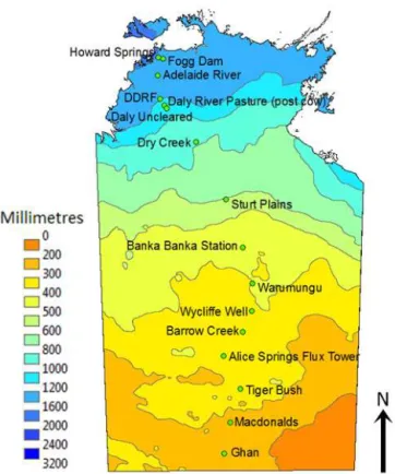 Figure 1: Map of average annual rainfall (mm) from 1961 to 1990 (colours) and the location of each site along the North Australian  Tropical Transect (Adapted from Bureau of Meteorology (2011a))