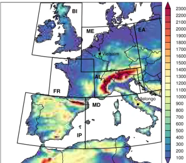 Figure 1. The total domain on 20 km horizontal resolution and the subdomains (BI, IP, FR, ME, AL, MD, EA) based on the  subdo-mains selected in the EURO-CORDEX framework